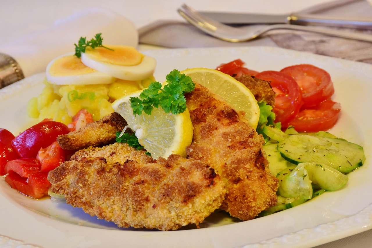 schnitzel, chicken schnitzel, chicken, bio, baked, salads, potato salad, tomatoes, cucumbers, paprika, yummy, kitchen, cook, flesh, homemade, food photo, schnitzel, schnitzel, schnitzel, schnitzel, schnitzel, chicken, chicken
